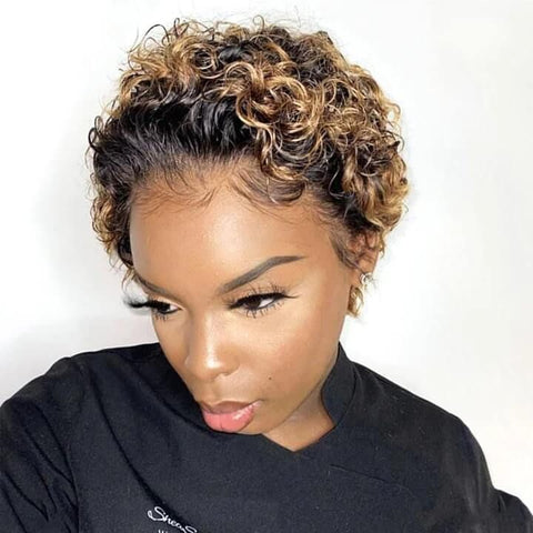 Ombre Honey Blonde Pixie Cut Curly Bob Wig Human Hair Wigs