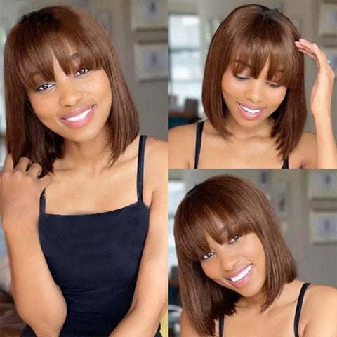 Short Straight Brown Bob Wigs with Bangs Lace Front Human Hair Wigs