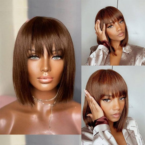 Short Straight Brown Bob Wigs with Bangs Lace Front Human Hair Wigs