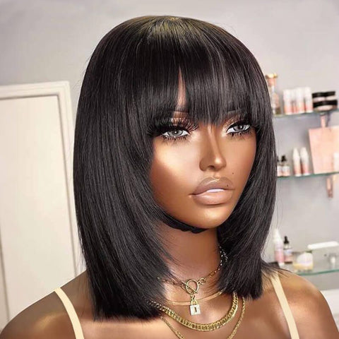 Wear and Go Wigs Dark Burgundy Layered BOB Wigs with Bangs Glueless Human Hair Wigs