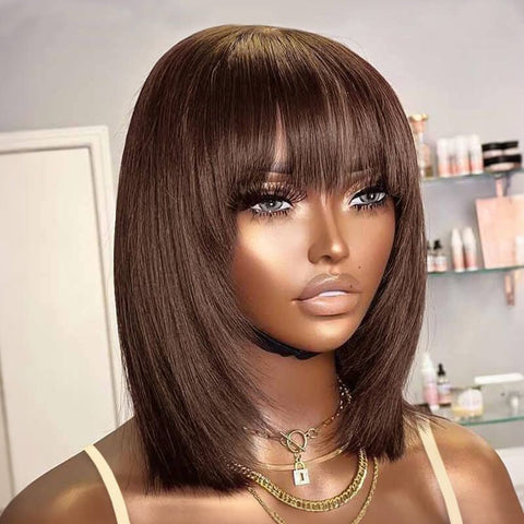 Wear and Go Wigs Dark Burgundy Layered BOB Wigs with Bangs Glueless Human Hair Wigs