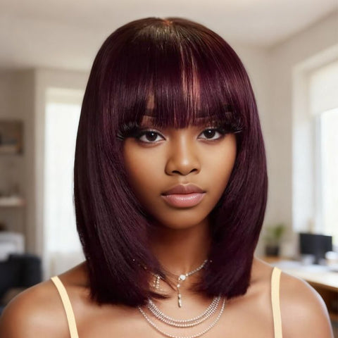 Wear and Go Wigs Dark Burgundy Layered BOB Wigs with Bangs Glueless Human Hair Wigs