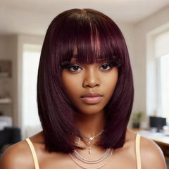 Wear and Go Wigs Dark Burgundy Layered BOB Wigs with Bangs Glueless Human Hair Wigs