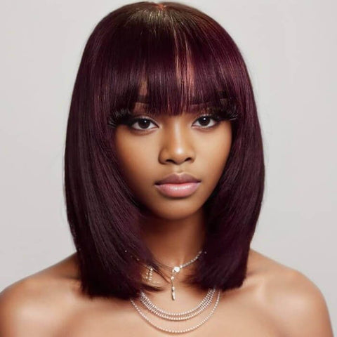 Wear and Go Wigs Dark Burgundy Layered BOB Wigs with Bangs Glueless Human Hair Wigs