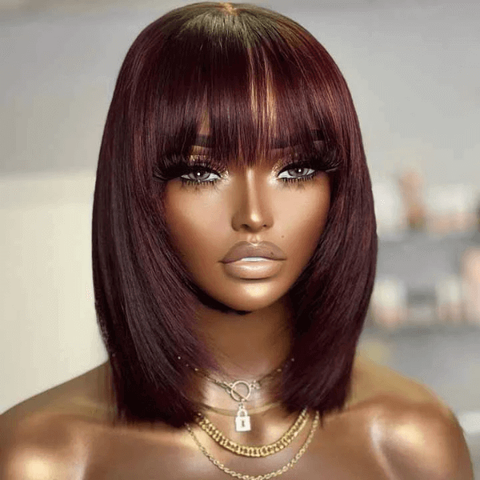 Wear and Go Wigs Dark Burgundy Layered BOB Wigs with Bangs Glueless Human Hair Wigs