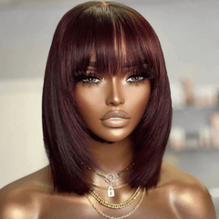 Wear and Go Wigs Dark Burgundy Layered BOB Wigs with Bangs Glueless Human Hair Wigs