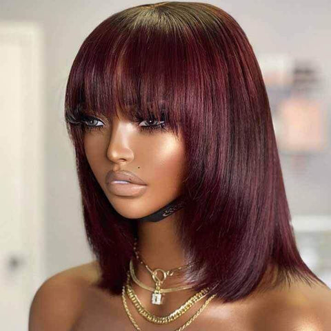 Wear and Go Wigs Dark Burgundy Layered BOB Wigs with Bangs Glueless Human Hair Wigs