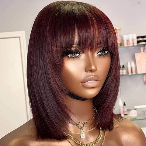Wear and Go Wigs Dark Burgundy Layered BOB Wigs with Bangs Glueless Human Hair Wigs
