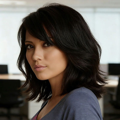 Glueless Side Part Short Bob Wigs With Bangs Straight Layered Lace Front Human Hair Wigs