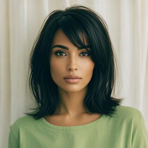 Glueless Side Part Short Bob Wigs With Bangs Straight Layered Lace Front Human Hair Wigs