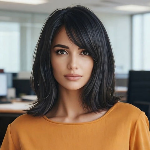 Glueless Side Part Short Bob Wigs With Bangs Straight Layered Lace Front Human Hair Wigs