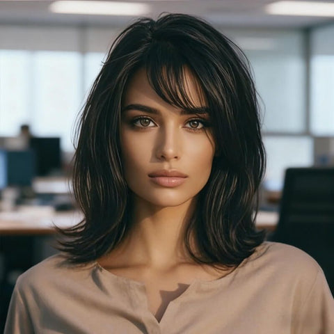Glueless Side Part Short Bob Wigs With Bangs Straight Layered Lace Front Human Hair Wigs