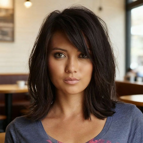 Glueless Side Part Short Bob Wigs With Bangs Straight Layered Lace Front Human Hair Wigs