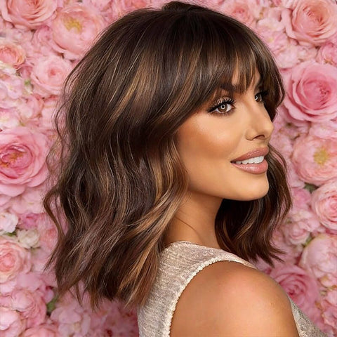 Glueless Wavy Short Bob Wigs With Bangs Highlight Lace Front Human Hair Wigs