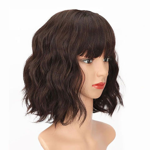 Chocolate Brown Short Wave Bob Wigs With Bangs Closure Lace Human Hair Wigs