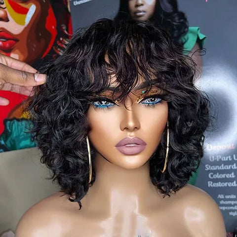 Ready to Wear Wig Short Wave Bob Wigs with Bangs Glueless Human Hair Wigs