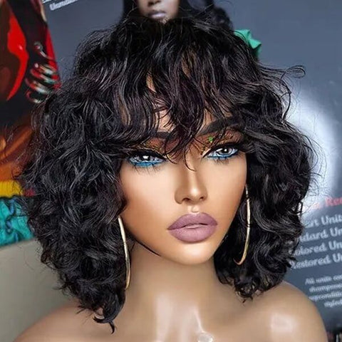 Ready to Wear Wig Short Wave Bob Wigs with Bangs Glueless Human Hair Wigs