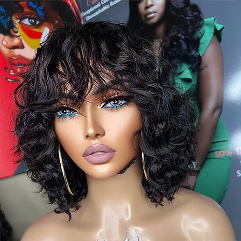 Ready to Wear Wig Short Wave Bob Wigs with Bangs Glueless Human Hair Wigs