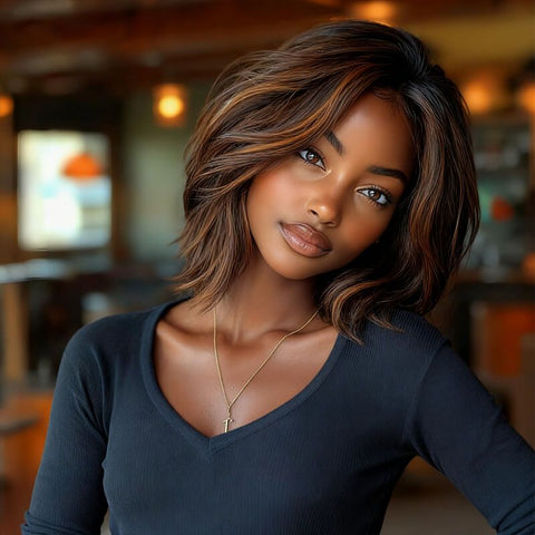 Wear and Go Wigs Glueless Layered Golden Brown Bob Wigs Pre Cut Lace Human Hair Wigs