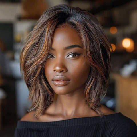 Wear and Go Wigs Glueless Layered Golden Brown Bob Wigs Pre Cut Lace Human Hair Wigs