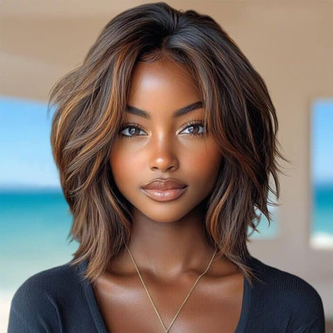 Wear and Go Wigs Glueless Layered Golden Brown Bob Wigs Pre Cut Lace Human Hair Wigs