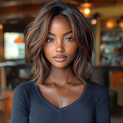 Wear and Go Wigs Glueless Layered Golden Brown Bob Wigs Pre Cut Lace Human Hair Wigs