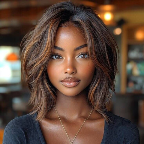 Wear and Go Wigs Glueless Layered Golden Brown Bob Wigs Pre Cut Lace Human Hair Wigs