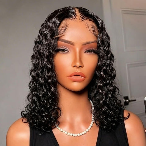 Shoulder Length Water Wave Bob Wig Lace Front 100% Human Hair Wigs