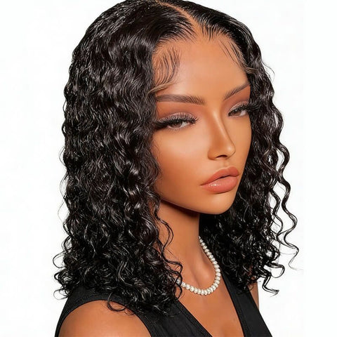 Shoulder Length Water Wave Bob Wig Lace Front 100% Human Hair Wigs