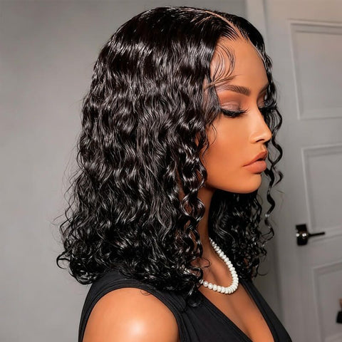 Shoulder Length Water Wave Bob Wig Lace Front 100% Human Hair Wigs