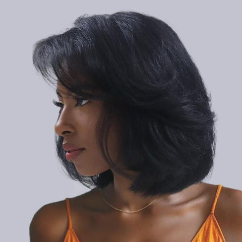 Ready to Wear Wig Bye Bye Knots Yaki Short Wavy Layered Cut Bob Wig Glueless Human Hair Wigs