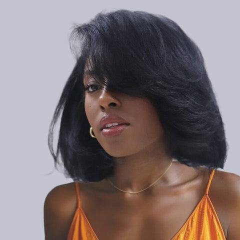 Ready to Wear Wig Bye Bye Knots Yaki Short Wavy Layered Cut Bob Wig Glueless Human Hair Wigs