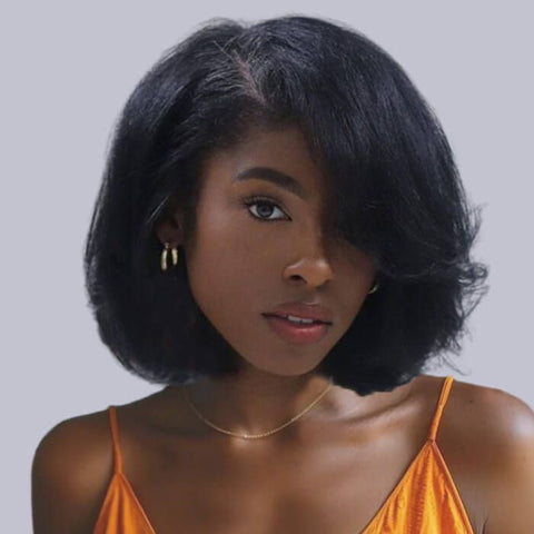 Ready to Wear Wig Bye Bye Knots Yaki Short Wavy Layered Cut Bob Wig Glueless Human Hair Wigs